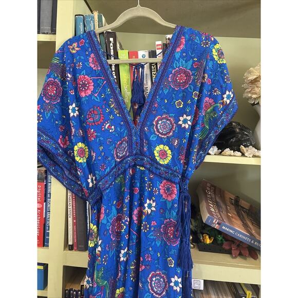 NWT R.Vivimos Blue Floral Caftan Dress Print V-Neck Short Sleeve Sz M 8 10 Maxi - Picture 5 of 5